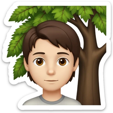 boy with straight brunette hair brown eyes and tree behind sticker
