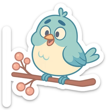 pastel bird perched on a branch with berries, soft blue and cream tones, pastel toon style sticker
