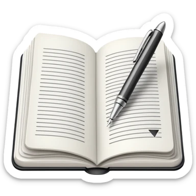 "A white open book,The pen should be positioned as placed exactly in the center between the pages.  if held by a right-handed person - meaning the direction is reversed compared to a left-handed grip. The pen should be uncapped, and the cap placed behind it." sticker