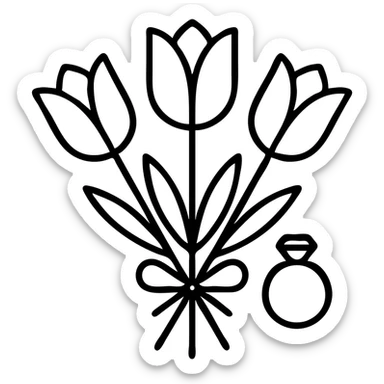 simple elegant icon of a bouquet of pink tulips with a ring, minimalistic style, transparent background sticker