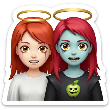 девушка ангел с нимбом и крыльями, с рыжими прямыми волосами по плечи, с улыбкой, стоит рядом с девушка зомби с темными длинными прямыми золосами, со злым выражением лица и ровными белыми зубами в стиле Apple avatar sticker