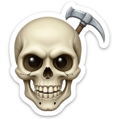 A laughing skull with a scythe crossed behind it, one eye socket winking. Clean, stylized lines, flat vector. Medieval woodcut style. Black and white with one accent color (tarnished silver). No background. sticker