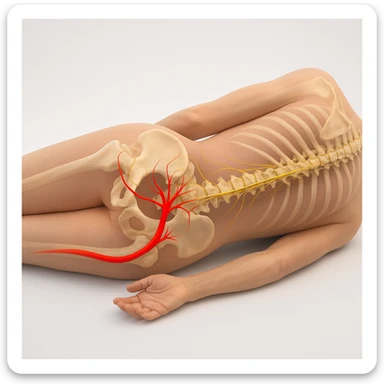 Hyperrealistic anatomical view of sciatica: human body lying on one side, visible spine, bones, and nerves, sciatic nerve highlighted in red along the leg, clear anatomical details, white background, 4K quality. sticker
