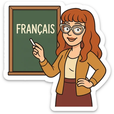 bitmoji cartoon, redhead woman, long wavy hair, bangs, cat-eye clear-framed glasses, blue eyes, French teacher, standing by a chalkboard sticker