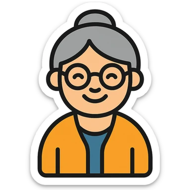 elderly smiling granny who looks like a librarian, glasses, neat hair bun, cardigan sticker