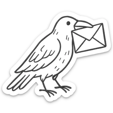 hand drawn outlined icon of a raven with a letter sticker