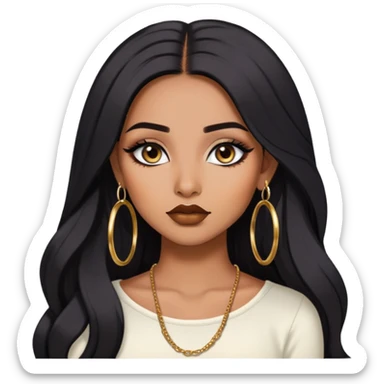 indian girl, brown skin, long black voluminous hair, brown underneath colored hair, baddie,pretty, makeup, lipliner, black eyeliner, gold hoop earrings, white top sticker