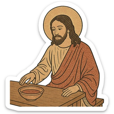 ukiyo-e style Jesus sitting at a table sticker