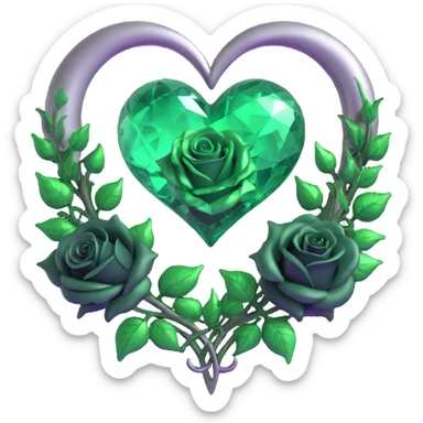 gothic heart made of emerald green glass, silver crescent moon, dark green roses, holographic stardust, neon green lightning, drenched and splintered glass sticker