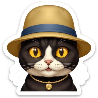 mostly black cat with some brown spots on face, gold eyes, british hat sticker
