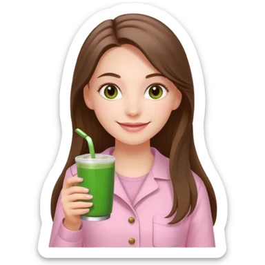 happy white long brunette hair girl with hazel eyes wearing light pink who is holding matcha sticker