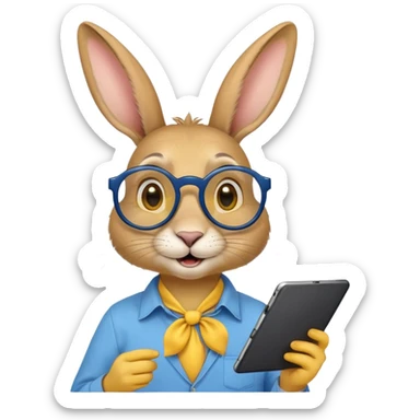 заяц в черных очках формы звезды, в рубашку синюю со смайликами желтыми с разными эмоциями, высокий с длинными ушами и планшетом в руках sticker