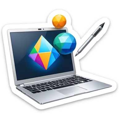 Professional icon for Graphic Design: a laptop with Photoshop open on the screen, displaying geometric shapes like spheres, cubes, and pyramids, along with a stylus. The icon should reflect the creative process in graphic design. Transparent background. sticker