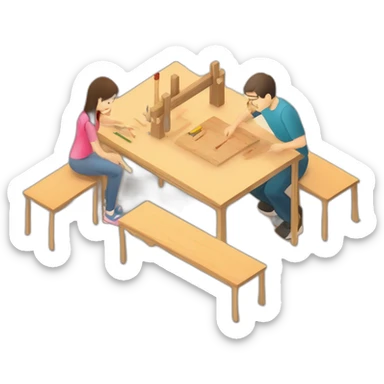 isometric square transparent solid outline border containing indoor woodworking teacher with student teaching in creative workshop on long table sticker