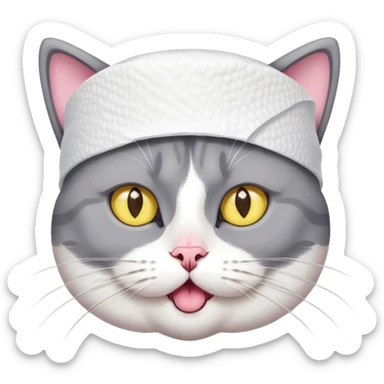 A gray and white cat with wide, surprised-looking yellow eyes. It appears to have a piece of toilet paper or paper towel on top of its head like a hat. sticker