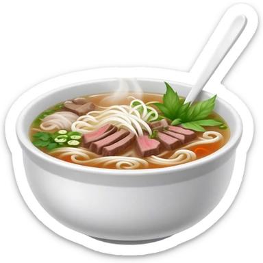 Cinematic Realistic Pho Dish Emoji, depicted as a steaming bowl of aromatic beef noodle soup with herbs rendered with lifelike textures and vibrant, warm lighting. sticker
