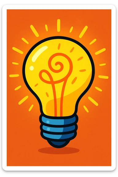 a lightbulb with a swirling filament, glowing, vibrant cartoon style sticker