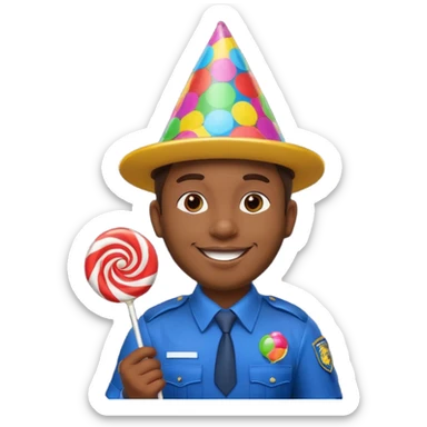 security guard head, birthday theme, holding a lollipop, cheerful expression sticker