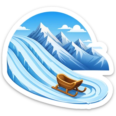 An icon showing a small sled down an icy track. The scene includes dynamic motion lines, icy curves, and a snowy mountain backdrop under a crisp blue sky. Transparent background emphasizes the speed and intensity of the sport. sticker