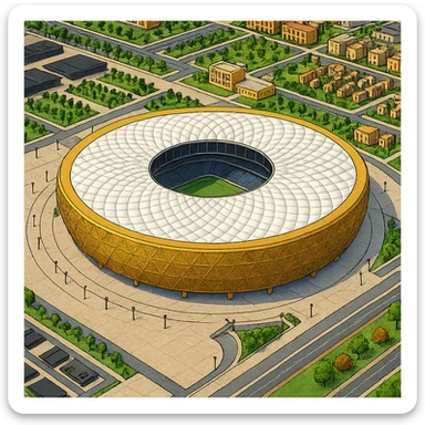 Изометричная, яркая, детализированная и фотореалистичная иллюстрация стадиона Lusail Stadium в стиле 3D-коллажей городов, насыщенные цвета, аккуратные и чёткие линии, мультяшно-реалистичная стилистика. Чёткие контуры, не размазанные линии, высокое качество, прозрачный фон, не обрезать края стадиона. sticker
