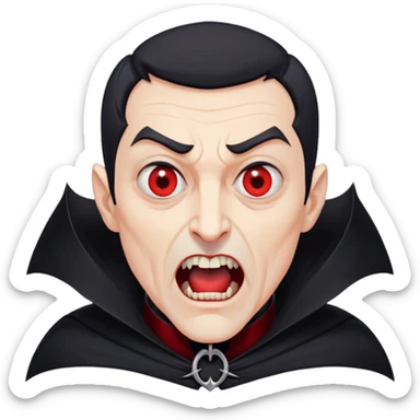 Nam 50 tuổi, mắt đỏ, da trắng, tóc ngắn màu đen,mồm mở rộng, có răng nanh, mặt hơi đáng sợ như ma cà rồng, áo măng tô cổ cao màu đen, nửa thân trên sticker