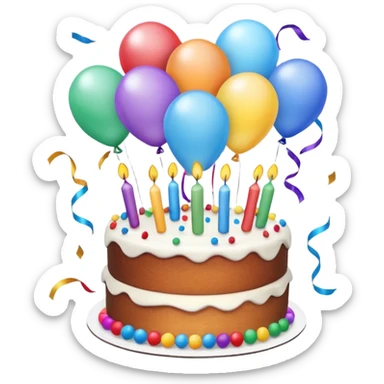 festive birthday scene with balloons, confetti, and a cake, expressing happiness and celebration sticker