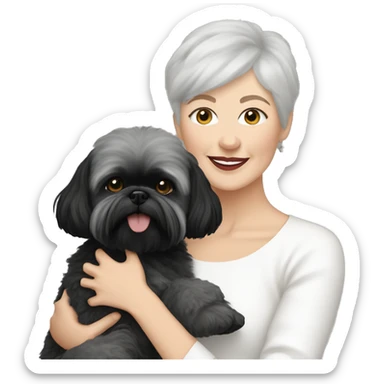 White women with short grey hair holding black shih tzu and white bichon frise dogs  sticker