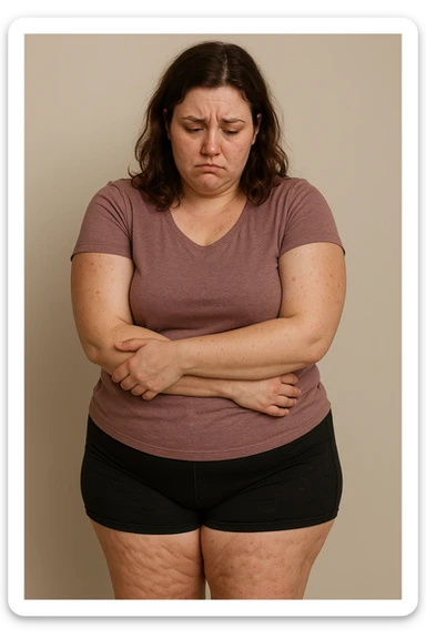 Donna con tanti inestetismi infelice sul corpo sempre riferite alla cellulite sticker