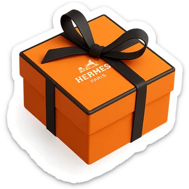 Add the Hermès logo to the center of the 3D orange box with a black ribbon tied in a bow. Maintain the same square shape and proportions, minimal style, on a white or transparent background. sticker