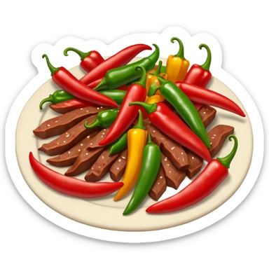 cooked meat saute object icon, beef strips with peppers, 3D cartoon, mobile game icon style, clean background, no text, no watermark
 sticker