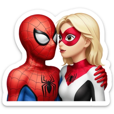 Spiderman and Spider-Gwen kissing, both in masks, emoji style sticker