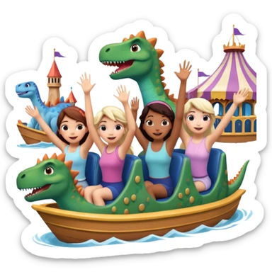 4 chicas montadas en una atraccion de levantando la mano con orejas de dines puestas en una atracción, la barca esta diseñada con dibujos de frozen sticker