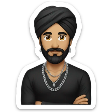 A strong Indian sikh man wearing men silver chain,styled on a Full sleeve black tshirt,black hair white skin sticker
