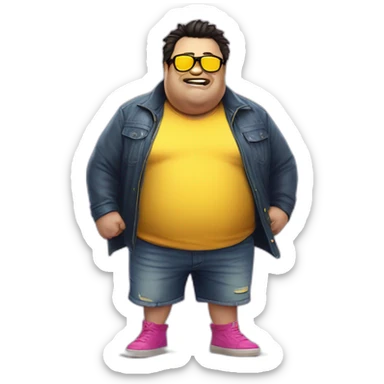 fat man with dark hair,a vibrant long yellow jacket, pink glasses, short jeans shorts. Show full lenght peson, person fighting a monster as superhero sticker