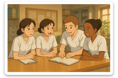 Four nursing students inspired by photos, discussing and collaborating in a care station, Ghibli style. White uniforms, V-neck tunics, left chest pocket, short sleeves, no classic collar, no stethoscopes, neat sleeves. Team atmosphere. sticker