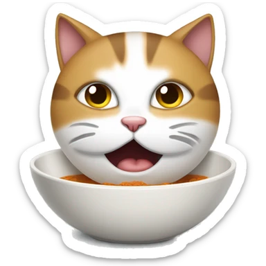 A sad cat (tricolour) is meowing around an empty bowl. sticker