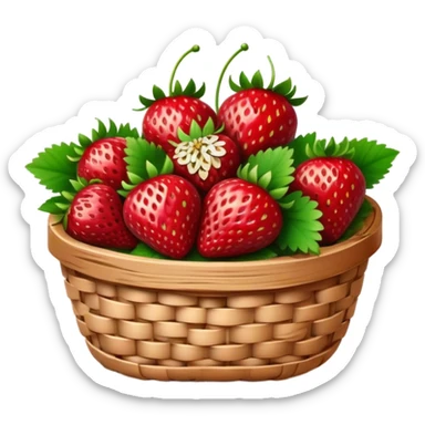 Cinematic ripe strawberrie, deep red, glossy with tiny seeds, green leaves still attached, gathered in a rustic basket, warm glowing background, fresh and sweet. sticker