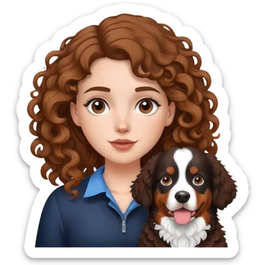 white girl with curly brown hair with a Bernese mountain dog sticker