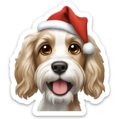 A smiling white with light brown spots cocker spaniel and Lhasa apso mixed dog with a Christmas hat on top sticker