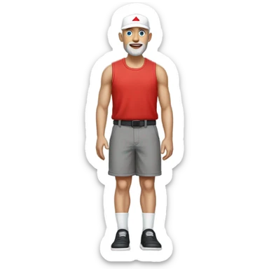 white bald guy wearing a gray wife beater with black sporty shorts white socks and black flip flops with a red maga cap with blue eyes and 3 day beard sticker