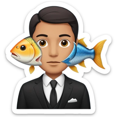 A man wearing nice black suite, and he has a fish head sticker