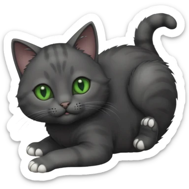 solid dark grey cat with green eyes, completely solid grey face, white toes/paws playing rolling upside down sticker