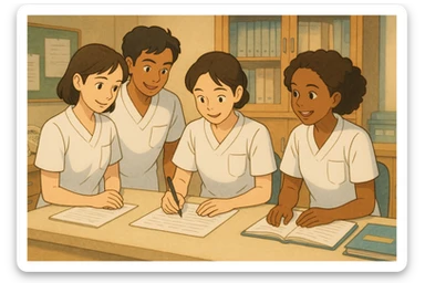 Four nursing students inspired by new photos, working together in a care station, Ghibli style, white short-sleeve medical tunics with V-neck and left chest pocket, no collars, no stethoscopes, no clothing extending from sleeves, professional and warm atmosphere. sticker