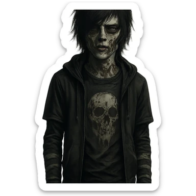 zombie boy, black hair, medium long, emo fashion, dark vibe, moody sticker