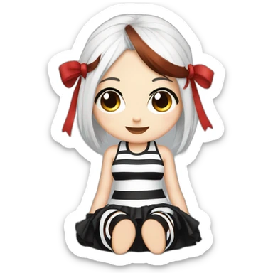 Frontal view curvy emo girl sits white skirt striped stockings hands up sticker