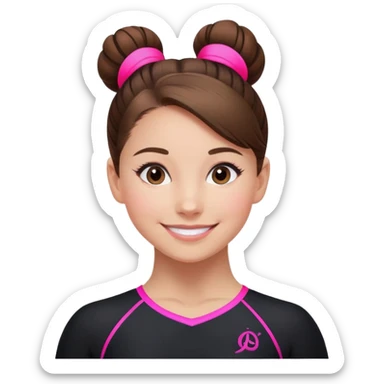 Happy female gymnast with brown hair in a neat bun, wearing a black uniform with neon pink elements. sticker