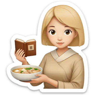 A woman holding a book with samgyetang in front of her in a bowl sticker