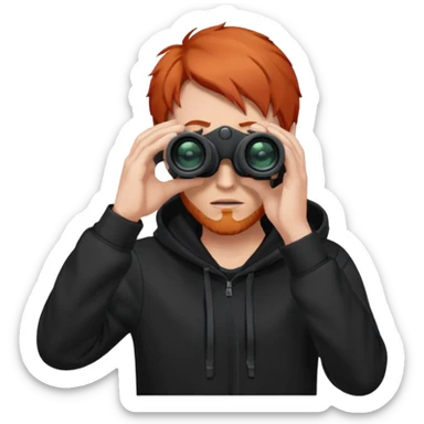 A red-haired man in a black hoodie looks through binoculars. sticker