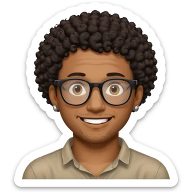 Black man smiling, short curly dark brown hair, black glasses, small tattoo on neck, artist, adventurous and exploration vibe sticker