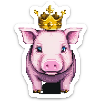 cute anime style pig with a golden crown, inspired by Technoblade, made out of Minecraft blocks, blocky and pixelated, expressive and charming sticker